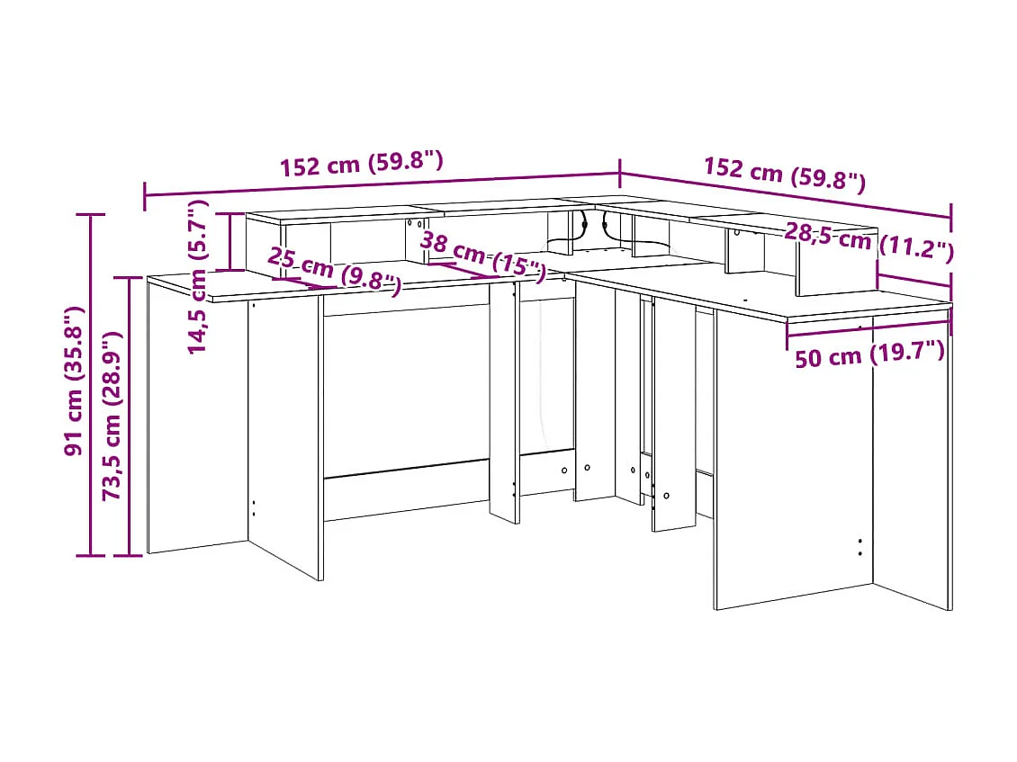 Bureau met LED-verlichting 152x152x91 cm bewerkt hout zwart
