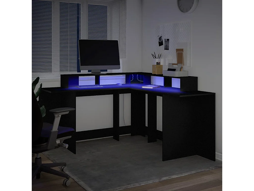 Bureau met LED-verlichting 152x152x91 cm bewerkt hout zwart