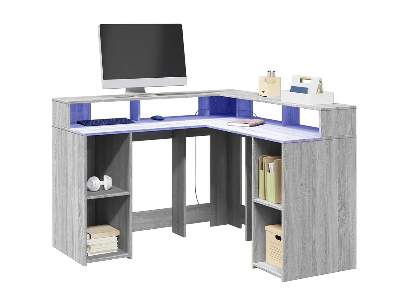 Bureau et lumières LED sonoma gris 130x130x91cm bois ingénierie