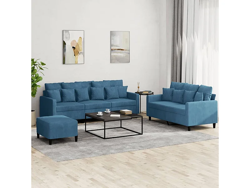 3 pcs conjunto de sofás com almofadões veludo azul