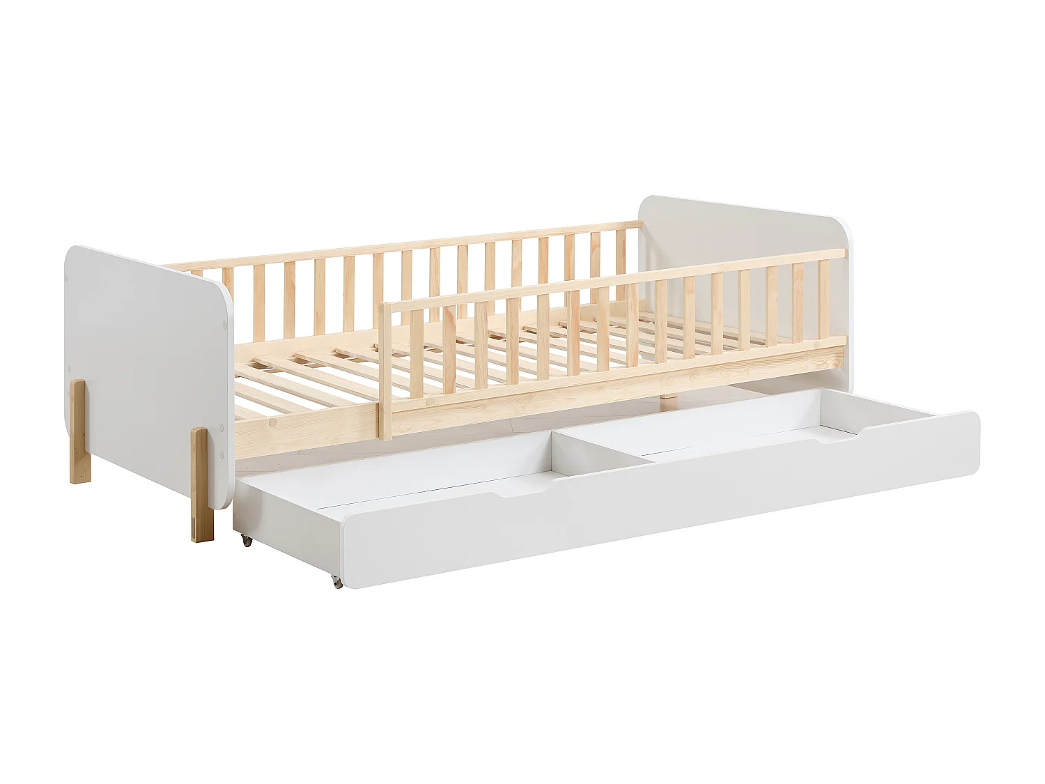 Lit 90 x 190 cm avec tiroir - Pin et MDF - Coloris : Naturel et blanc - LADEMI