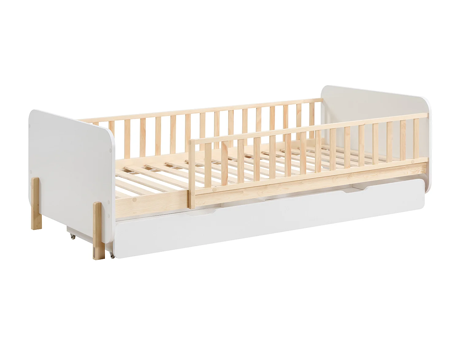 Lit 90 x 190 cm avec tiroir - Pin et MDF - Coloris : Naturel et blanc - LADEMI