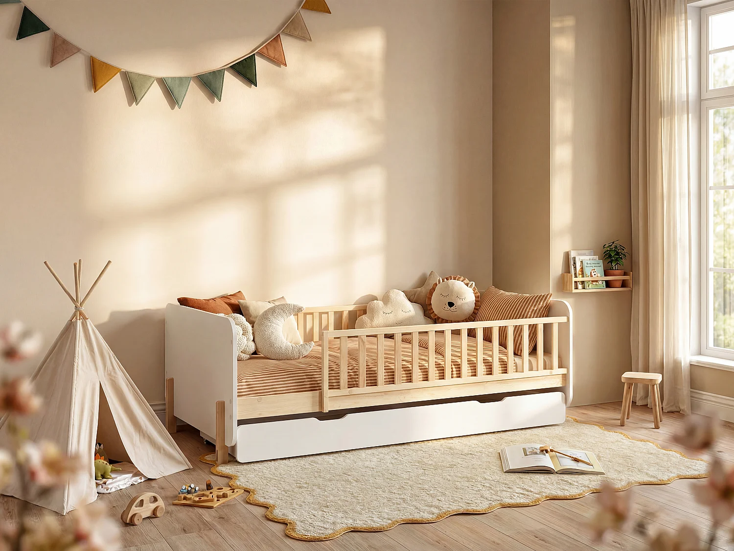 90 x 190 cm Bed with Drawer - Pine and MDF - Colour: Natural and White - LADEMI
