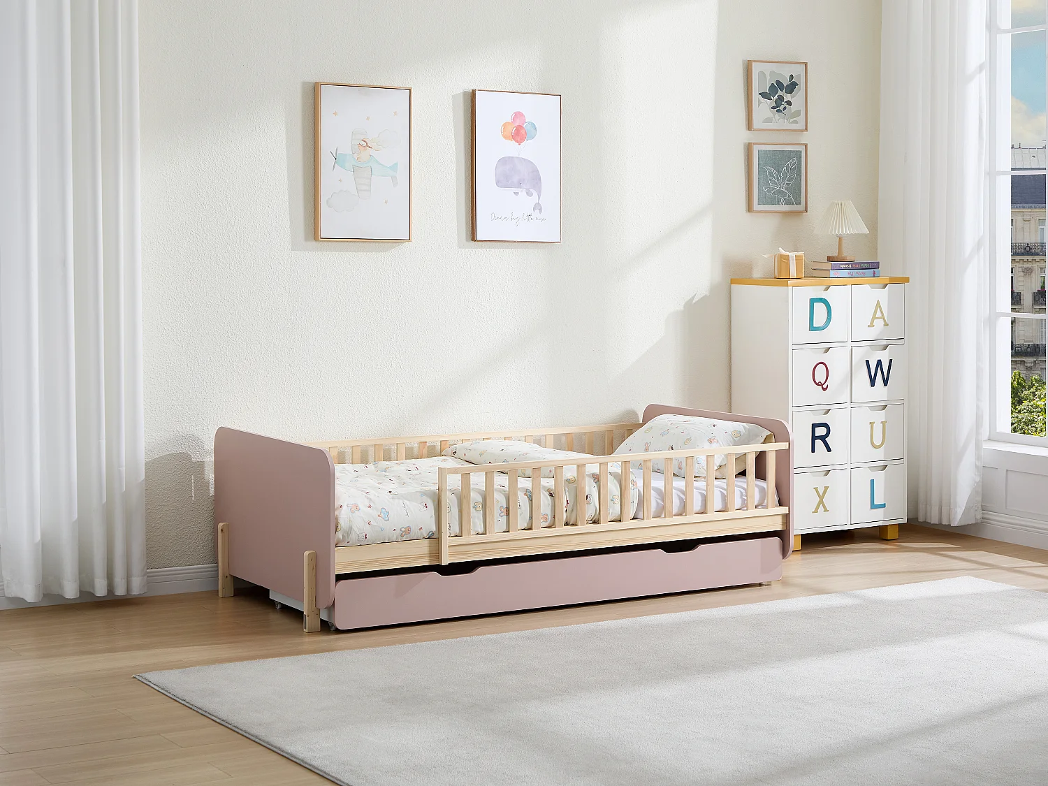 Lit 90 x 190 cm avec tiroir - Pin et MDF - Coloris : Naturel et rose - LADEMI