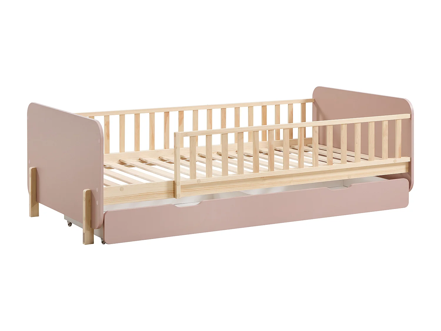 Lit 90 x 190 cm avec tiroir - Pin et MDF - Coloris : Naturel et rose - LADEMI