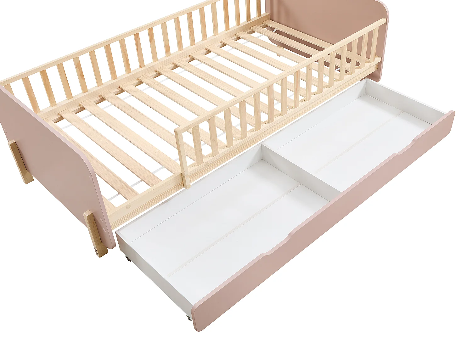 Lit 90 x 190 cm avec tiroir - Pin et MDF - Coloris : Naturel et rose - LADEMI