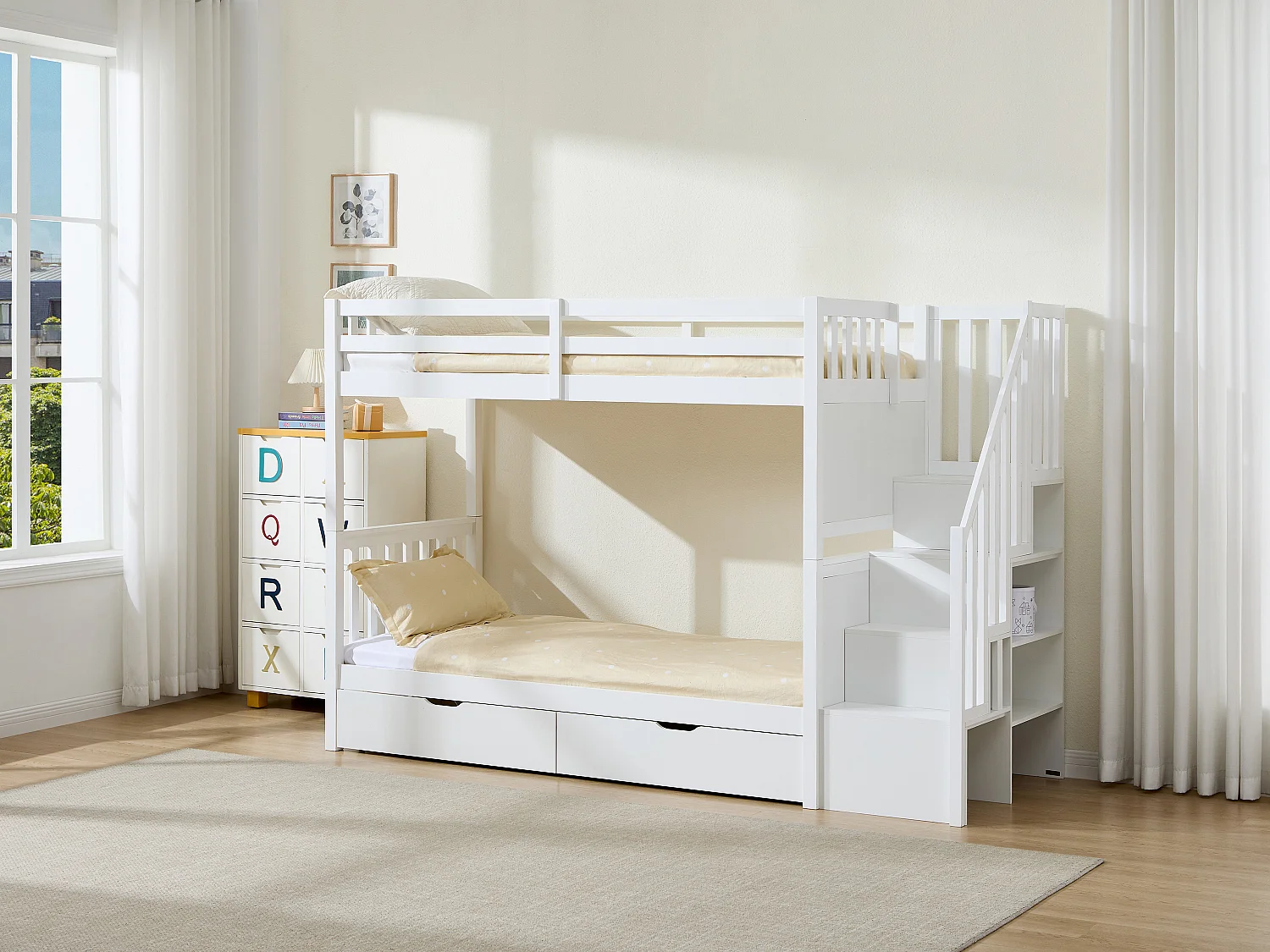 Lits superposés 90 x 190 cm avec tiroirs - Pin et MDF - Blanc - ZILENI