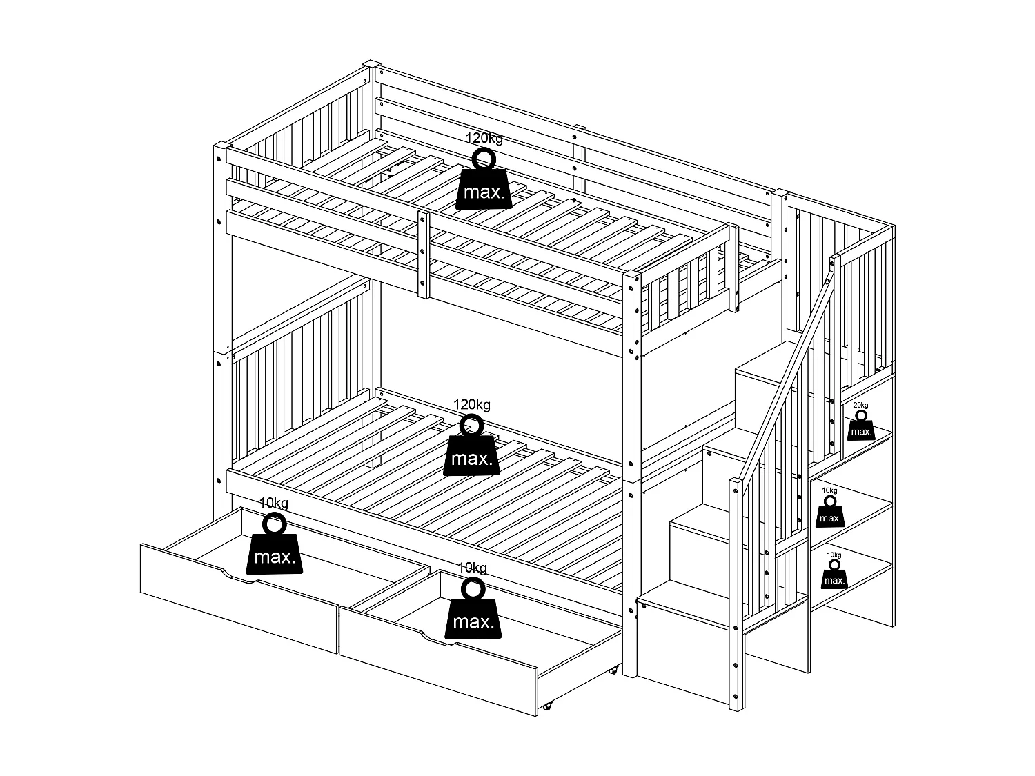 Lits superposés 90 x 190 cm avec tiroirs - Pin et MDF - Blanc - ZILENI