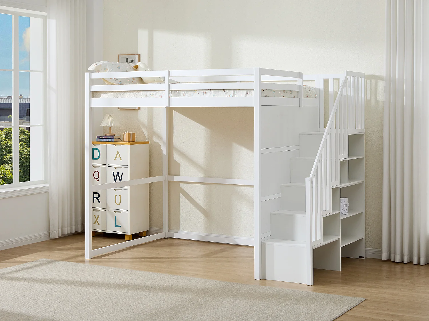 Lit mezzanine 140 x 190 cm - Pin et MDF - Blanc - MENIZI