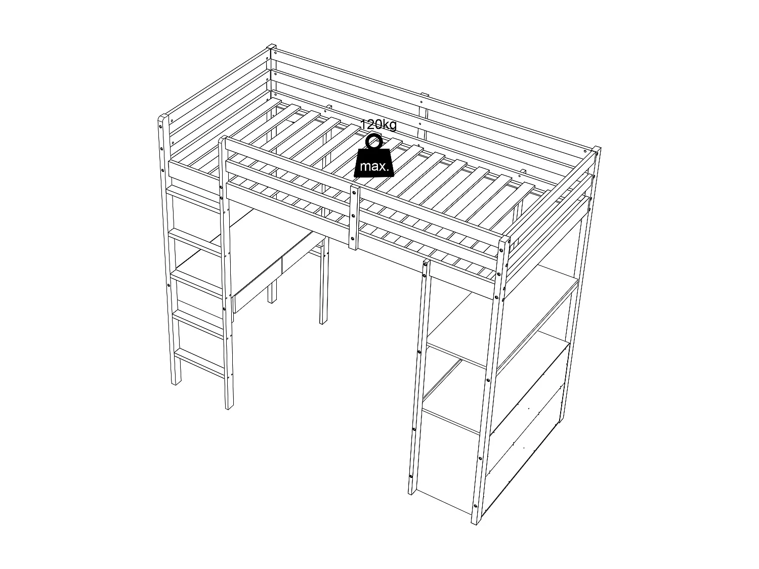 Lit mezzanine 90 x 190 cm avec bureau et rangements - Pin et MDF - Blanc - KALIZI