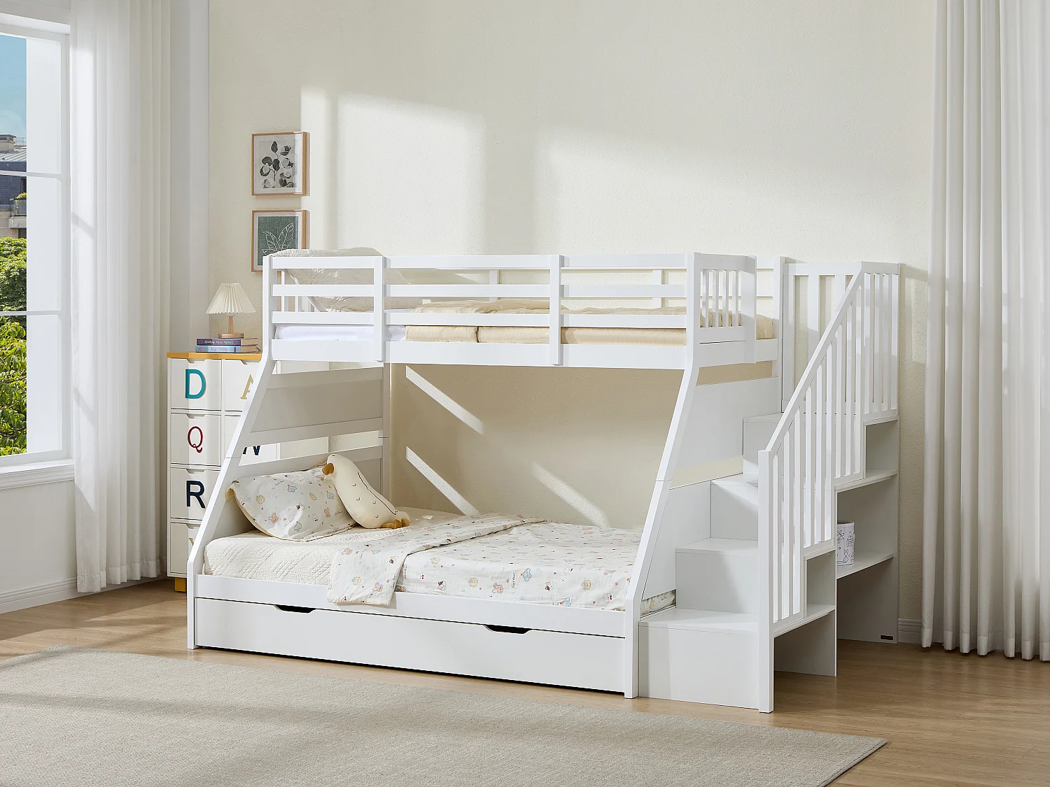 Lits superposés 90 et 140 x 190 cm avec rangements - Pin et MDF - Blanc - LAKAYO