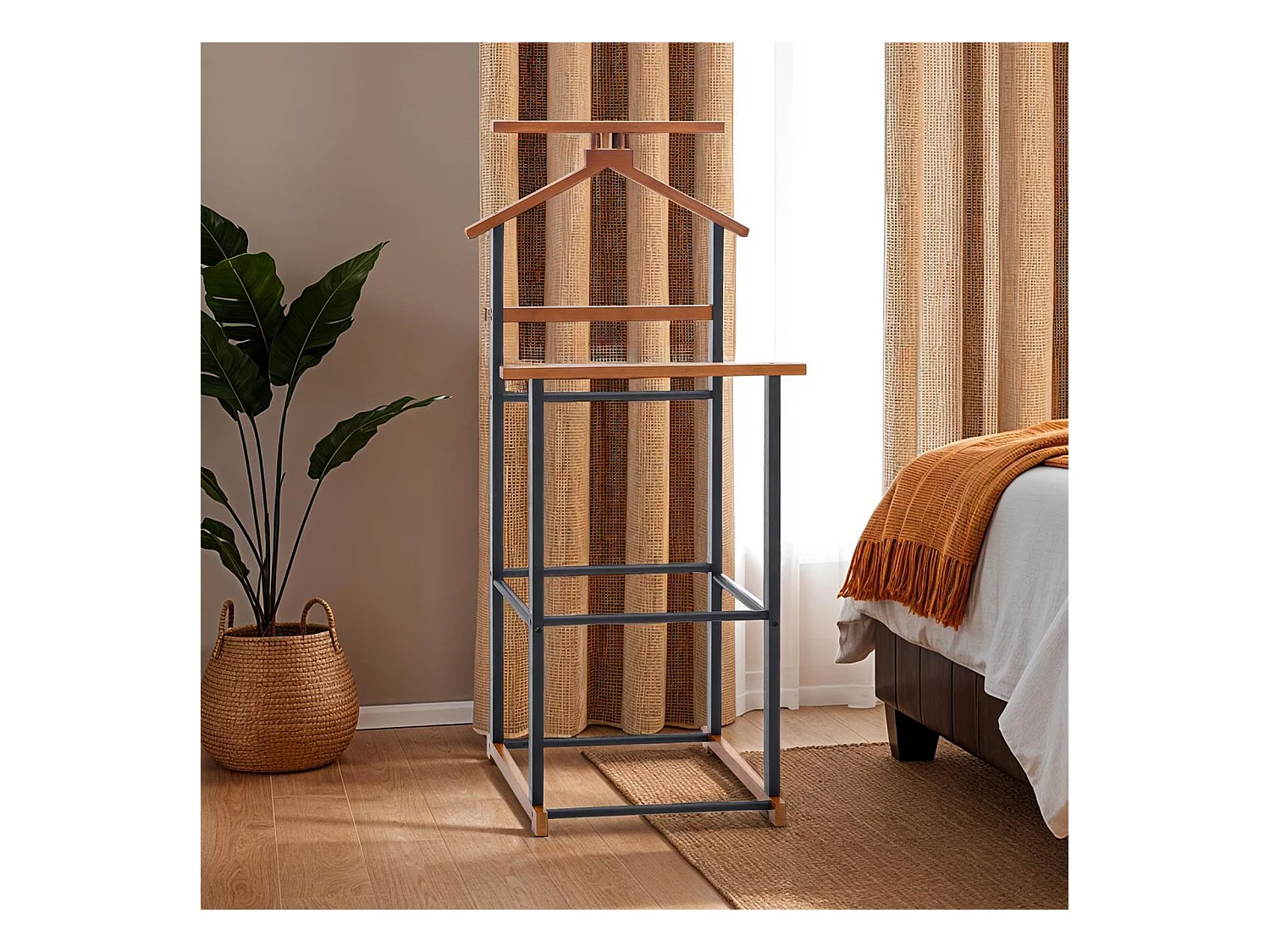 Valet de chambre KANNA chevalet de nuit double portant pour vêtements, en bambou noir et vintage