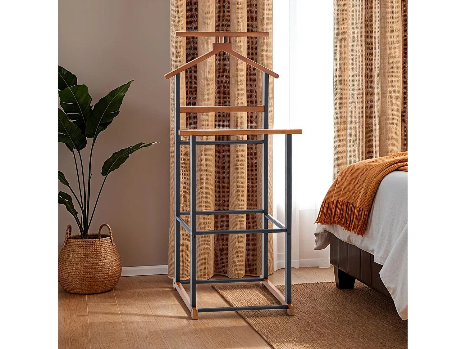 Valet de chambre KANNA chevalet de nuit double portant pour vêtements, en bambou noir et vintage