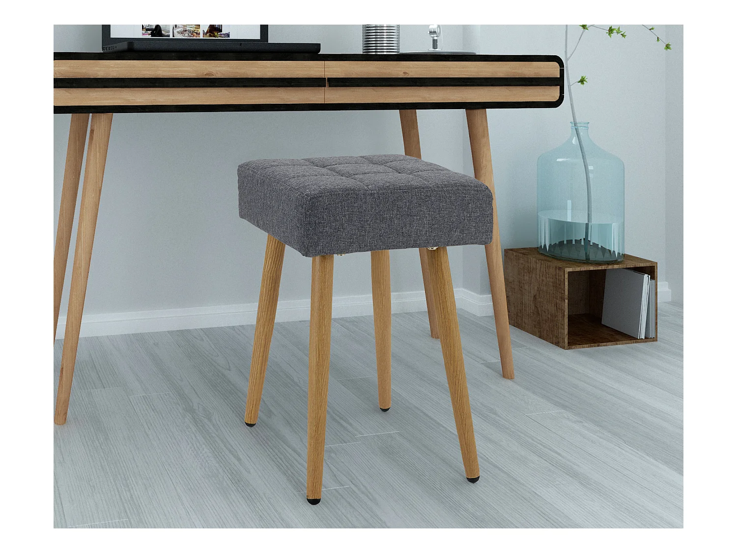 LOUISE-Kruk in stof antraciet en poten in metaal eik