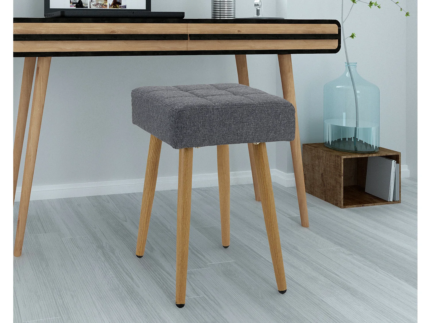 Sgabello in tessuto antracite e gambe in metallo rovere