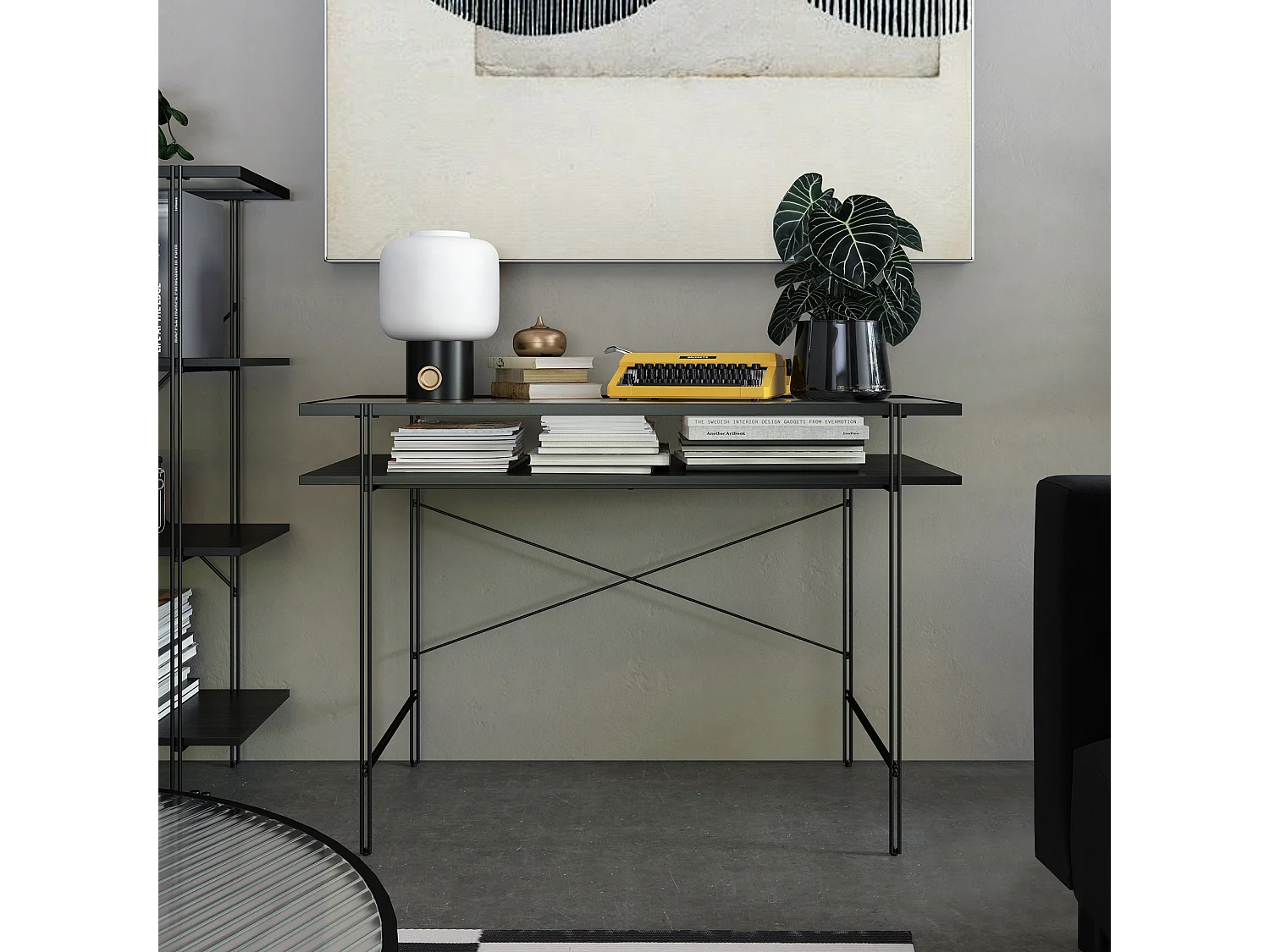 Wainwright | Bureau d'ordinateur en verre transparent et structure en métal noir