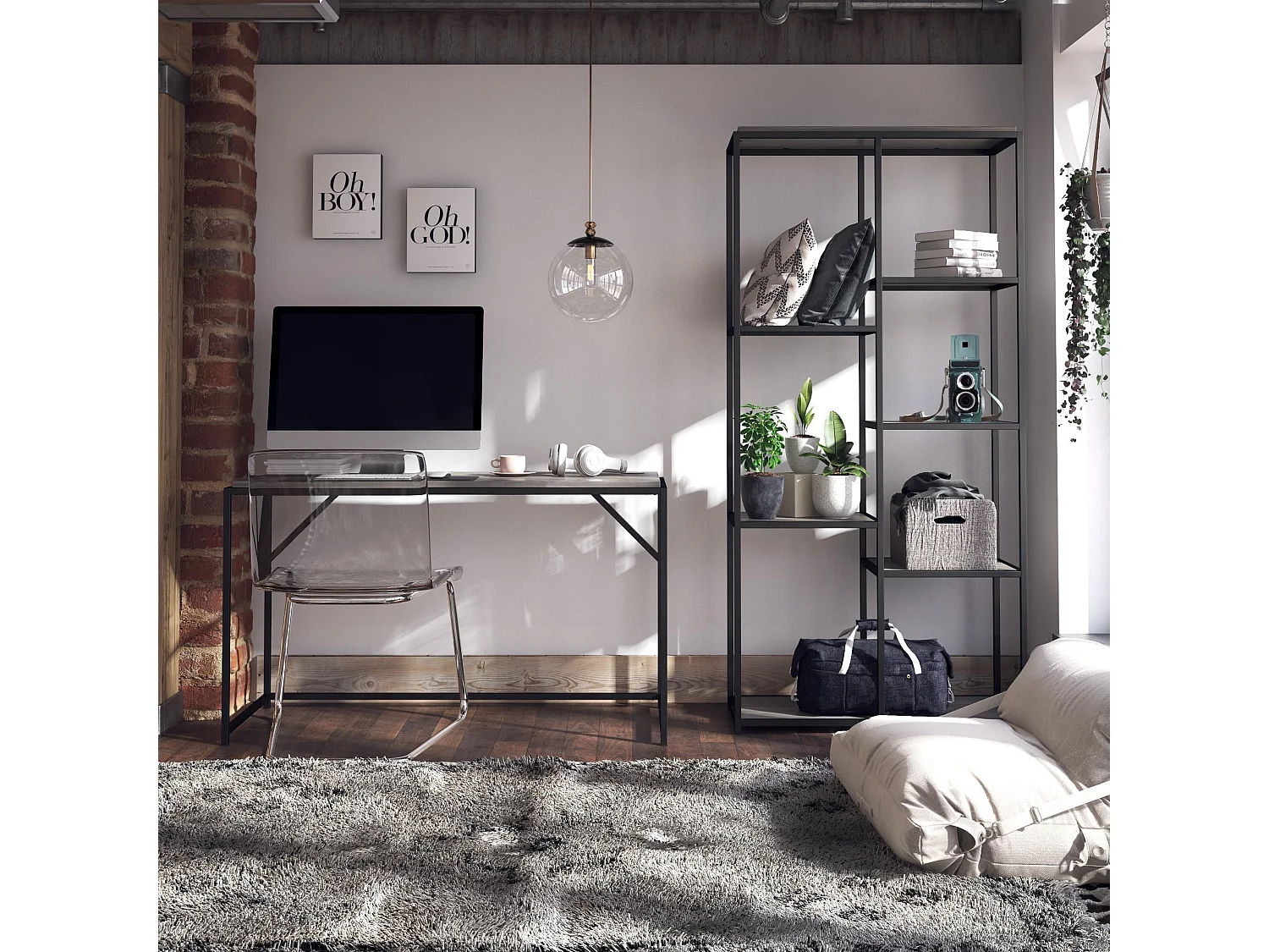 Quincy | Bureau en panneaux de particules de chêne gris et structure en métal