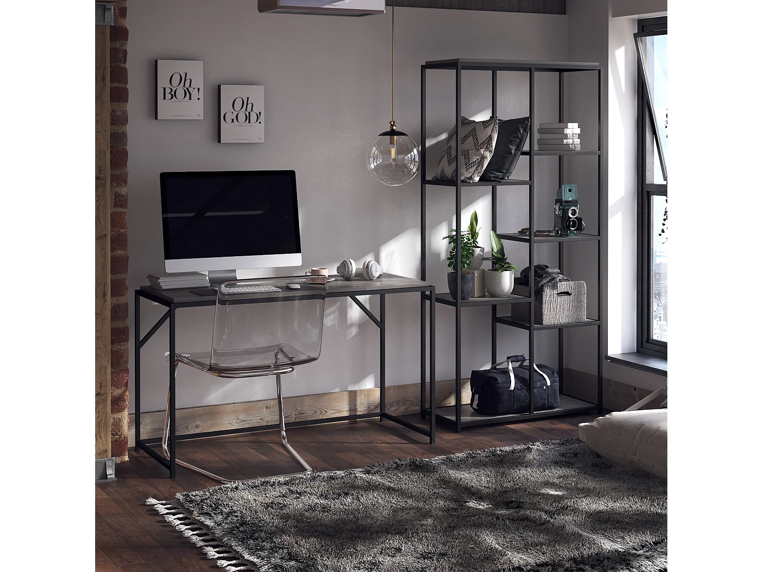 Quincy | Bureau en panneaux de particules de chêne gris et structure en métal