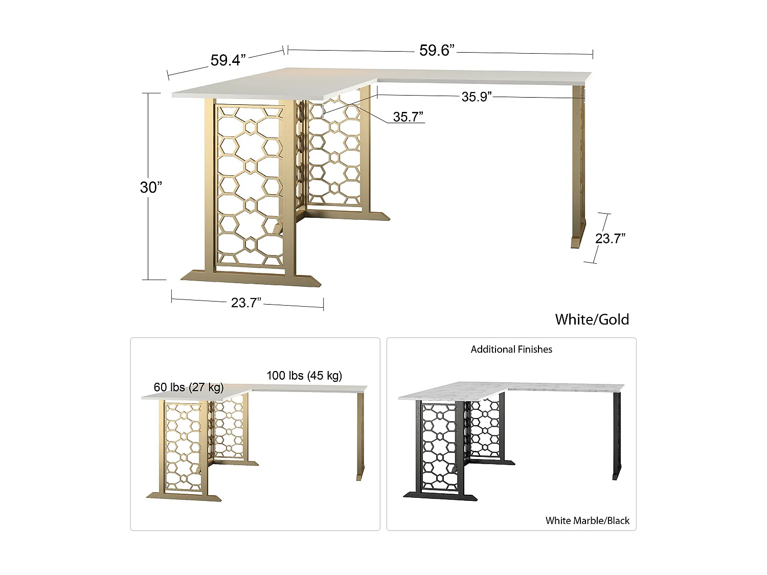Ella | Bureau forme L en MDF marbre blanc