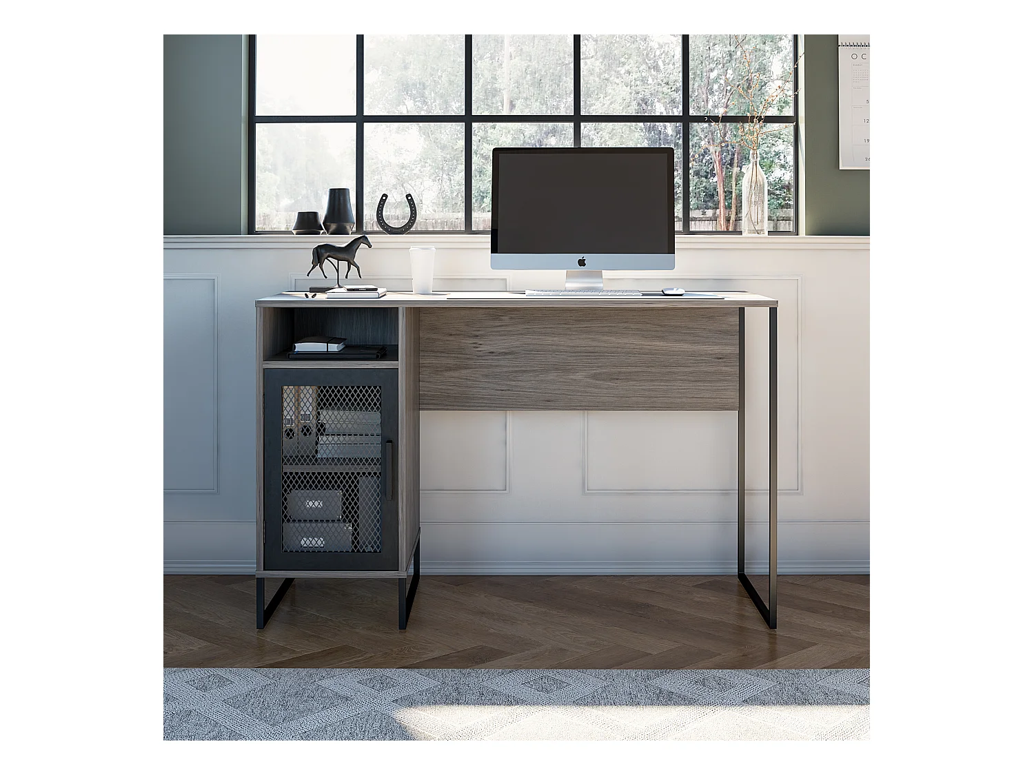 Purdue | Bureau ordinateur caisson 1 porte en MDF chêne gris