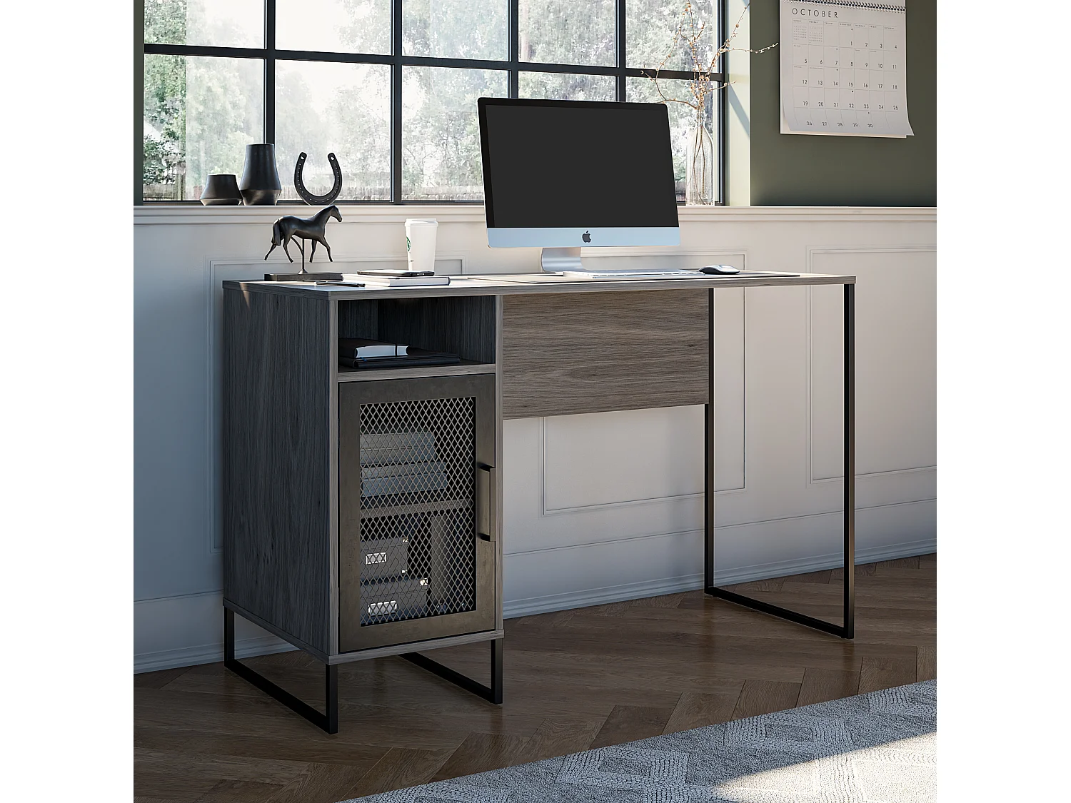 Purdue | Bureau ordinateur caisson 1 porte en MDF chêne gris