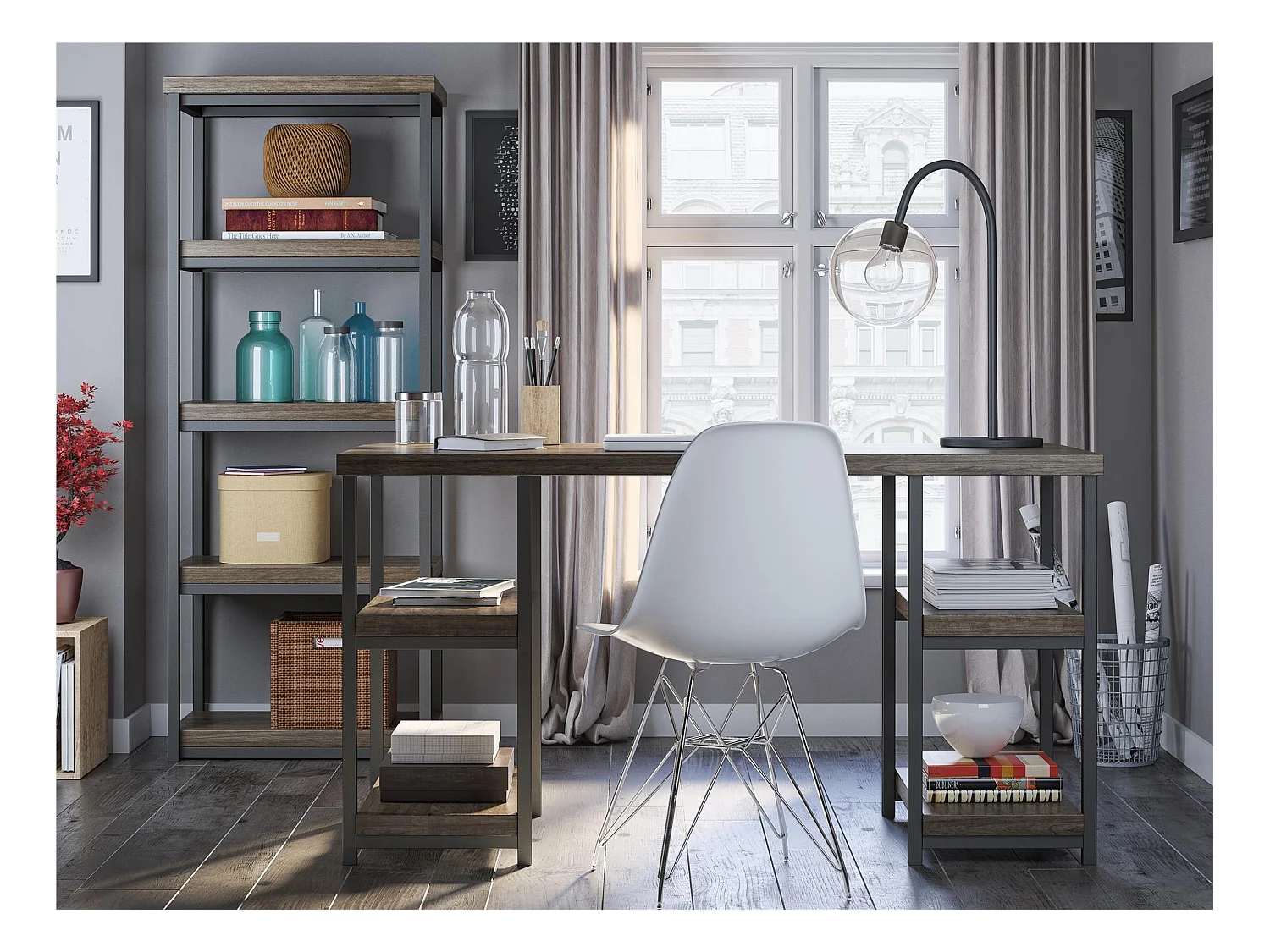 Ashlar | Bureau d'ordinateur avec 4 étagères en panneaux de partic. stratifiés