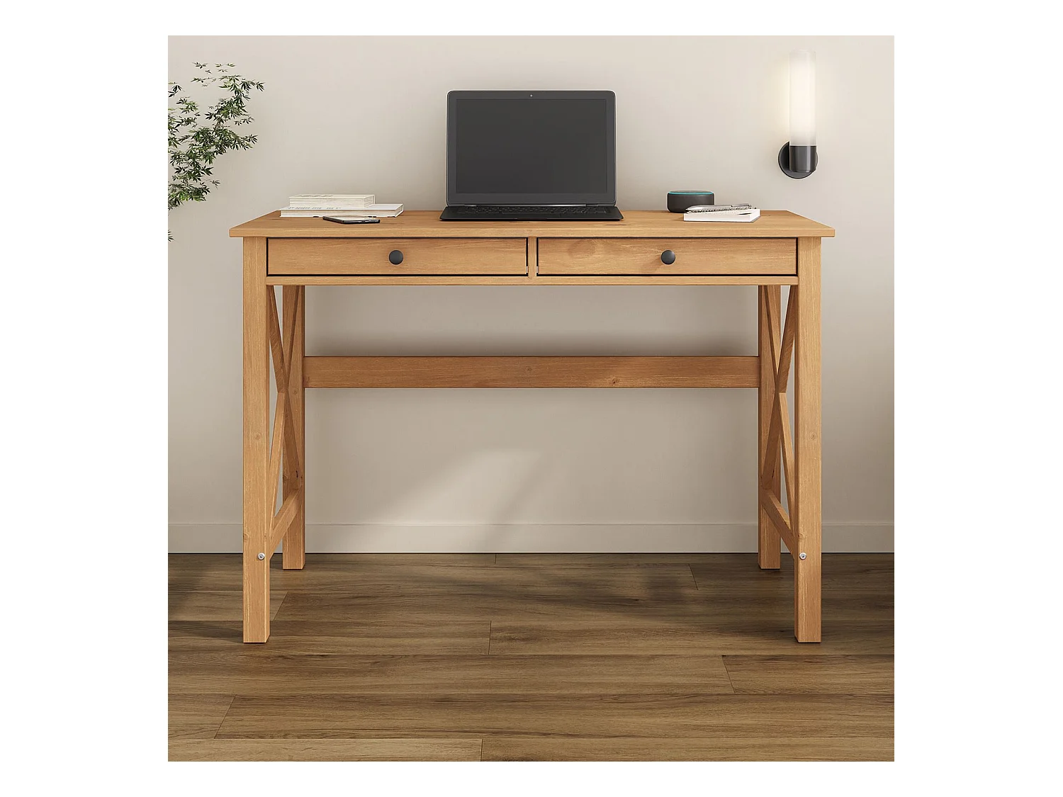 Bureau en bois ADRIAN L 110 cm avec deux tiroirs en bois massif coloris chêne avec rangement élégant et pratique