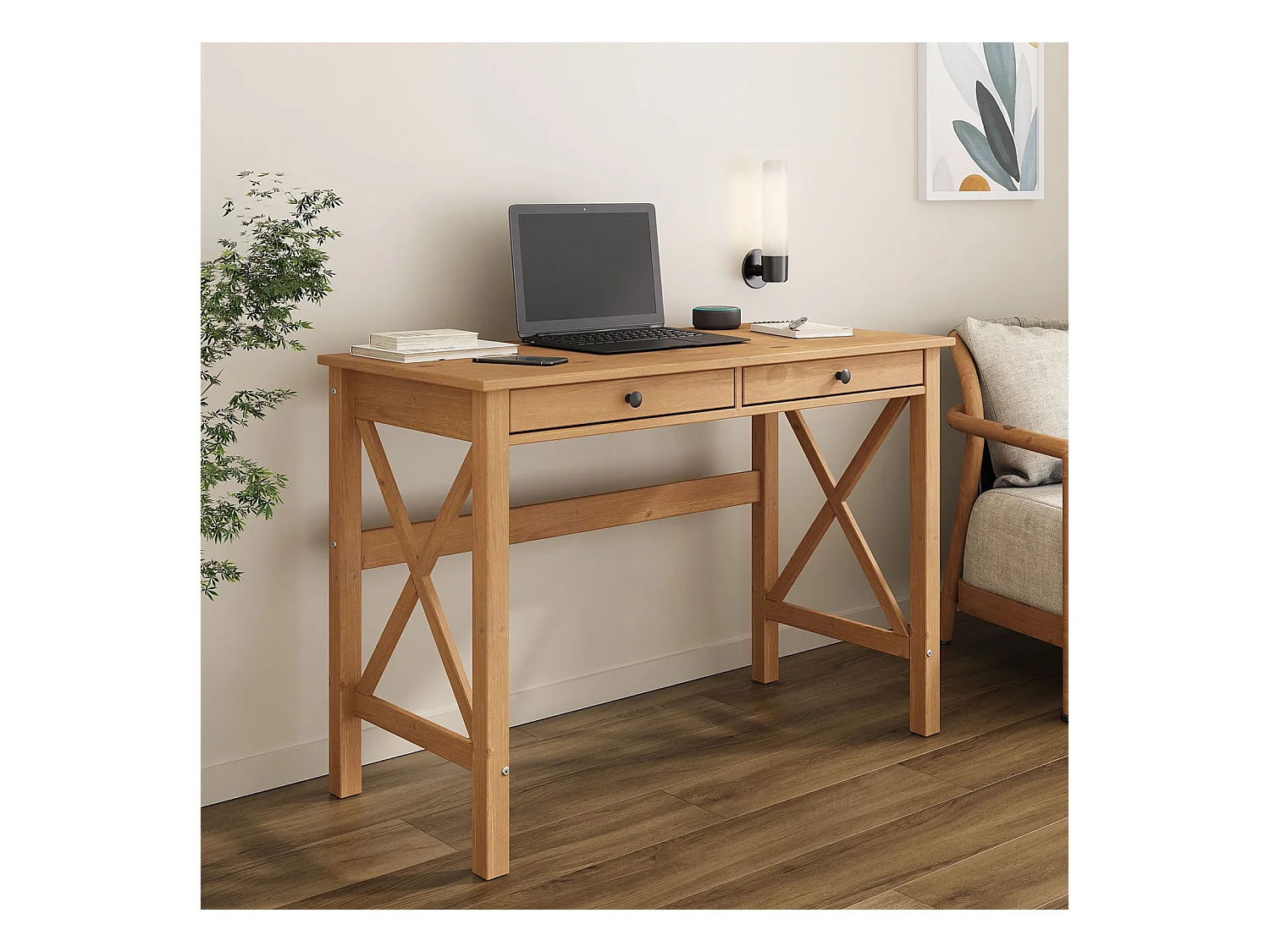 Bureau en bois ADRIAN L 110 cm avec deux tiroirs en bois massif coloris chêne avec rangement élégant et pratique