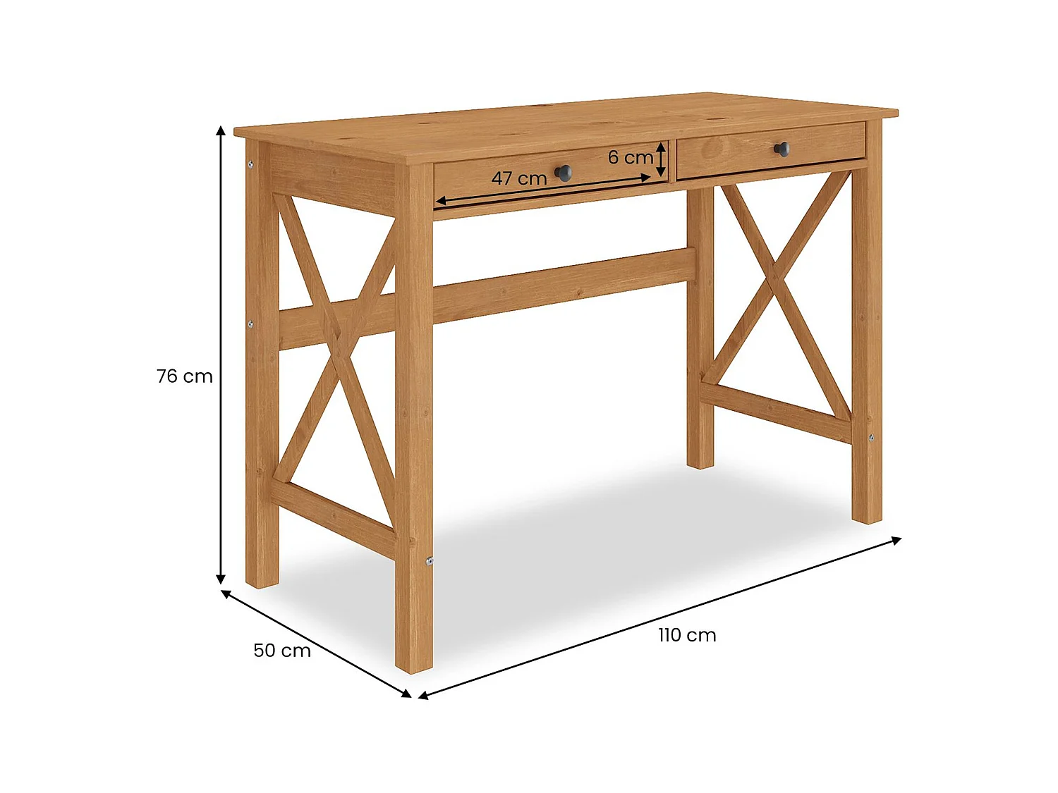 Bureau en bois ADRIAN L 110 cm avec deux tiroirs en bois massif coloris chêne avec rangement élégant et pratique
