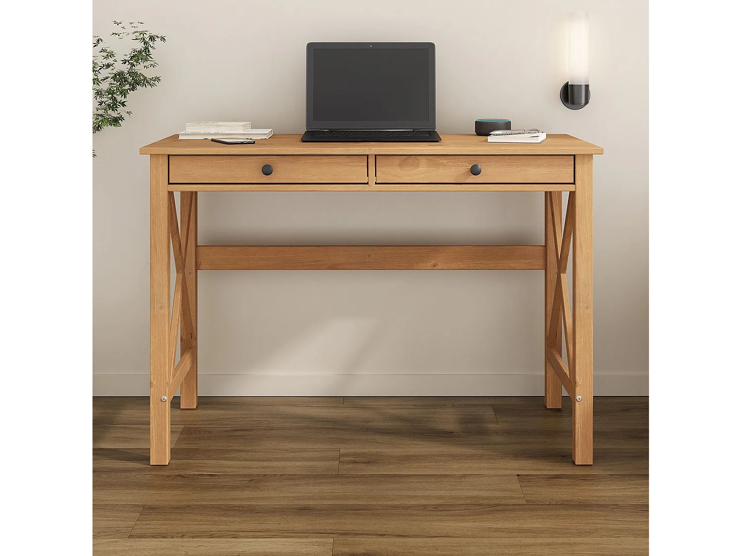 Bureau en bois ADRIAN L 110 cm avec deux tiroirs en bois massif coloris chêne avec rangement élégant et pratique