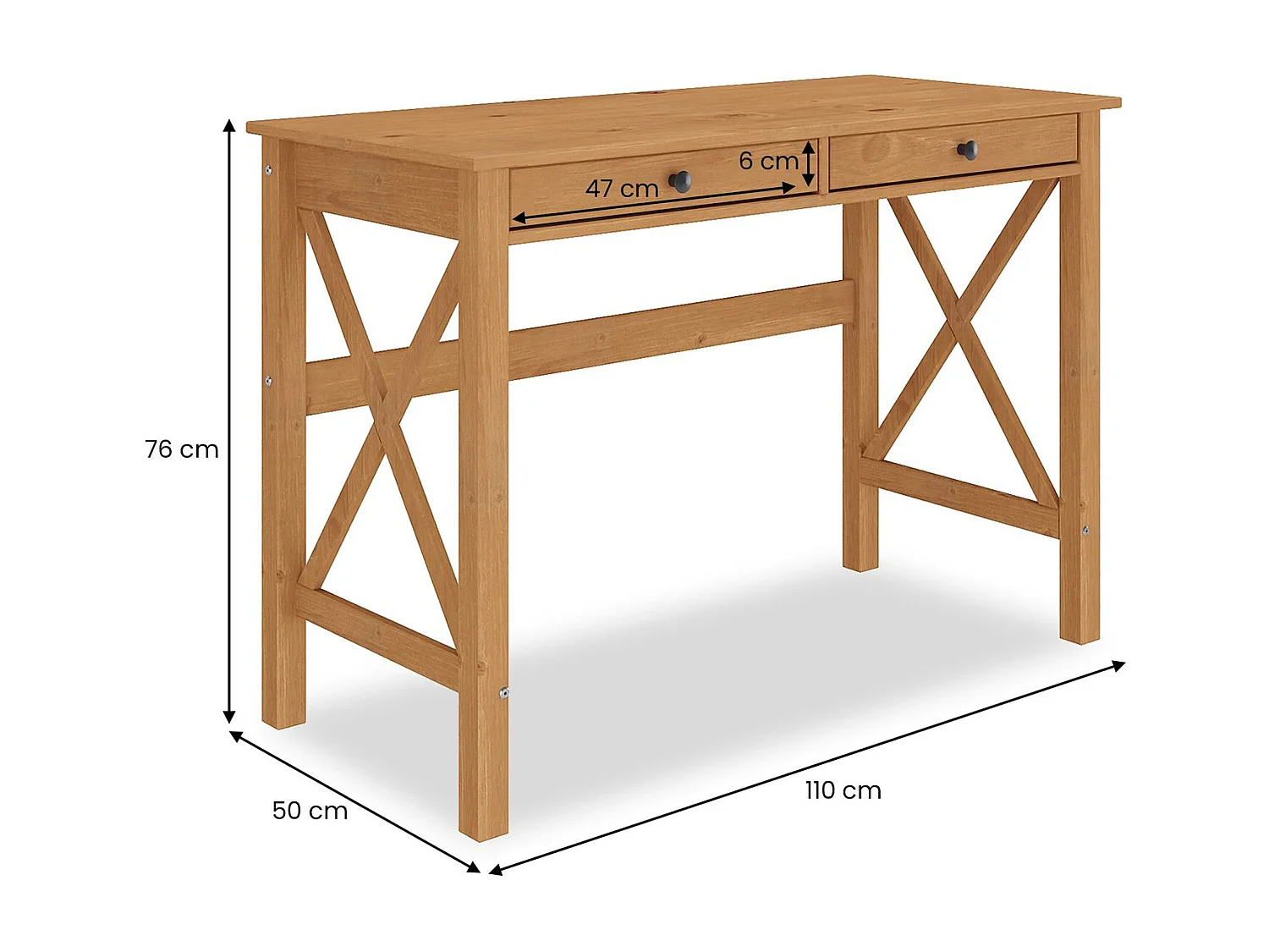Bureau en bois ADRIAN L 110 cm avec deux tiroirs en bois massif coloris chêne avec rangement élégant et pratique