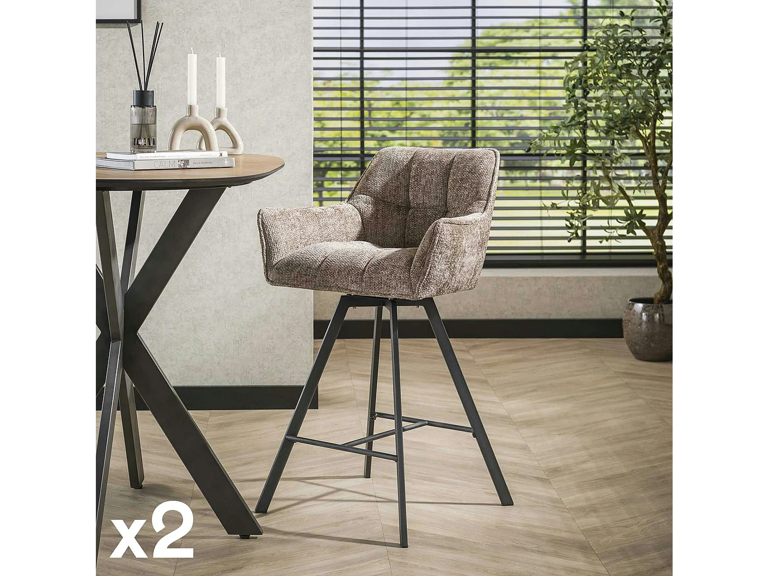 Chaise de bar pivotante en velours texturé beige nacré (lot de 2) MELBOURNE