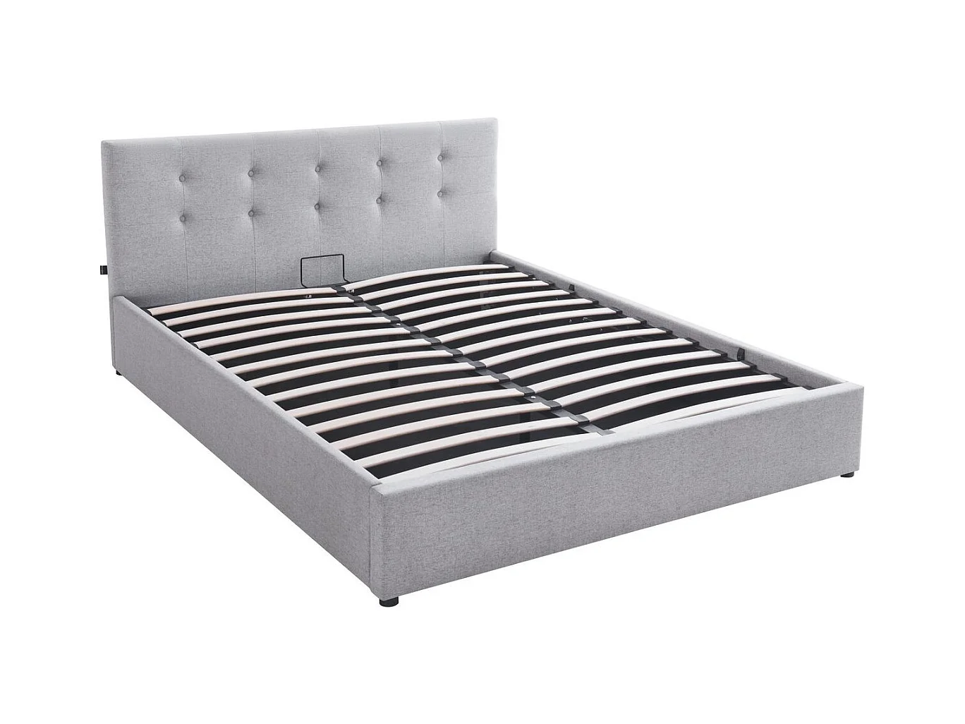 Lit coffre adulte 160x200 cm avec tête de lit matelassée en tissu gris et sommier - Tina