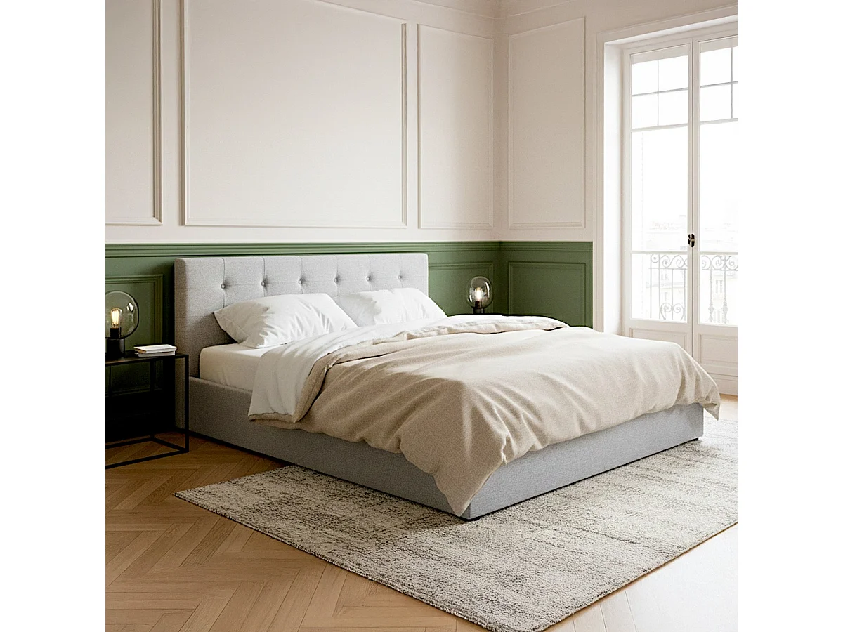 Lit coffre adulte 160x200 cm avec tête de lit matelassée en tissu gris et sommier - Tina