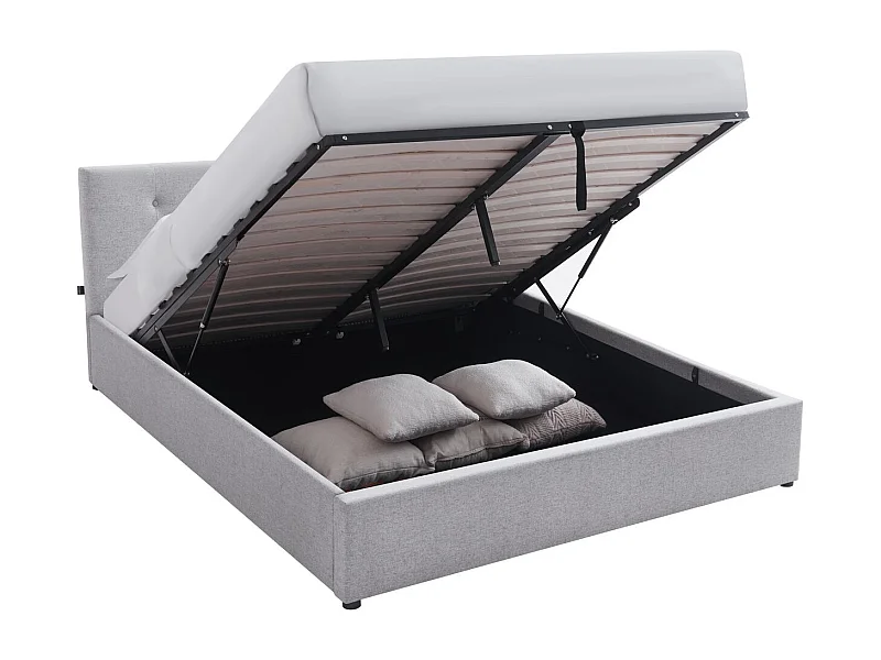 Lit coffre adulte 160x200 cm avec tête de lit matelassée en tissu gris et sommier - Tina