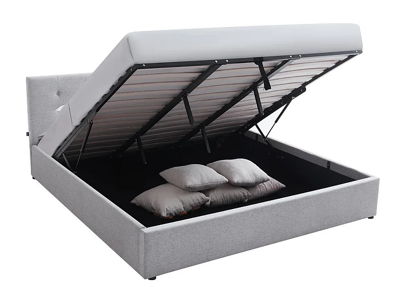 Lit coffre adulte 180x200 cm avec tête de lit matelassée en tissu gris et sommier - Tina
