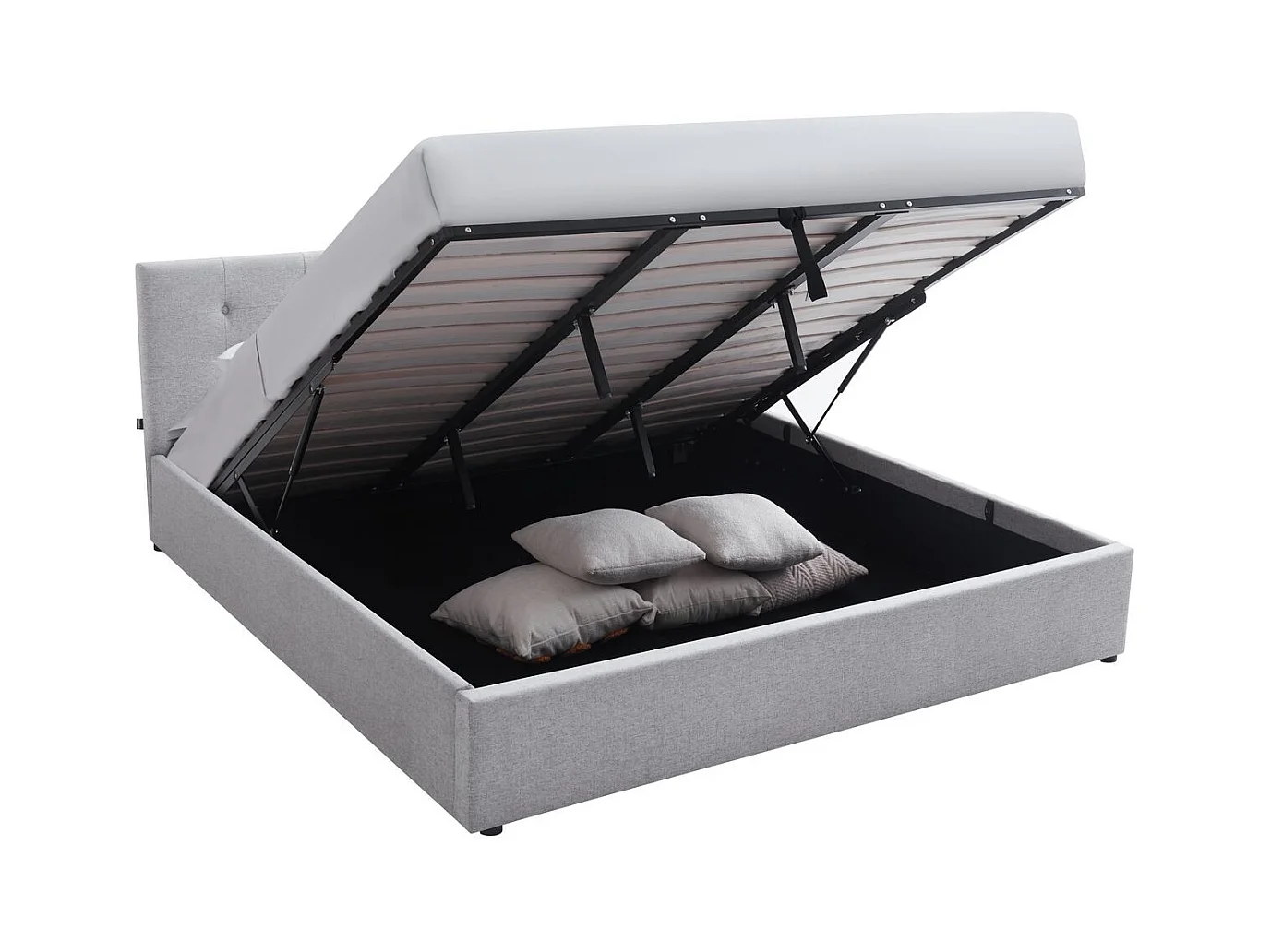 Lit coffre adulte 180x200 cm avec tête de lit matelassée en tissu gris et sommier - Tina