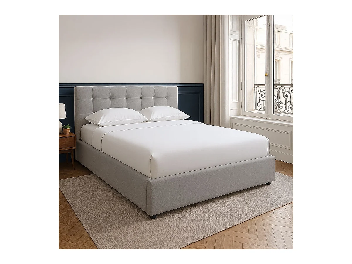 Lit coffre adulte 180x200 cm avec tête de lit matelassée en tissu gris et sommier - Tina