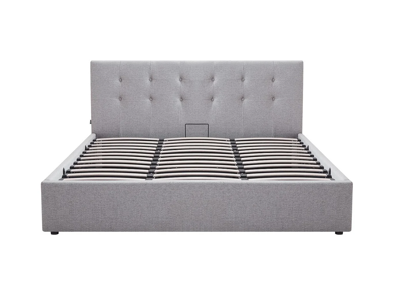 Lit coffre adulte 180x200 cm avec tête de lit matelassée en tissu gris et sommier - Tina
