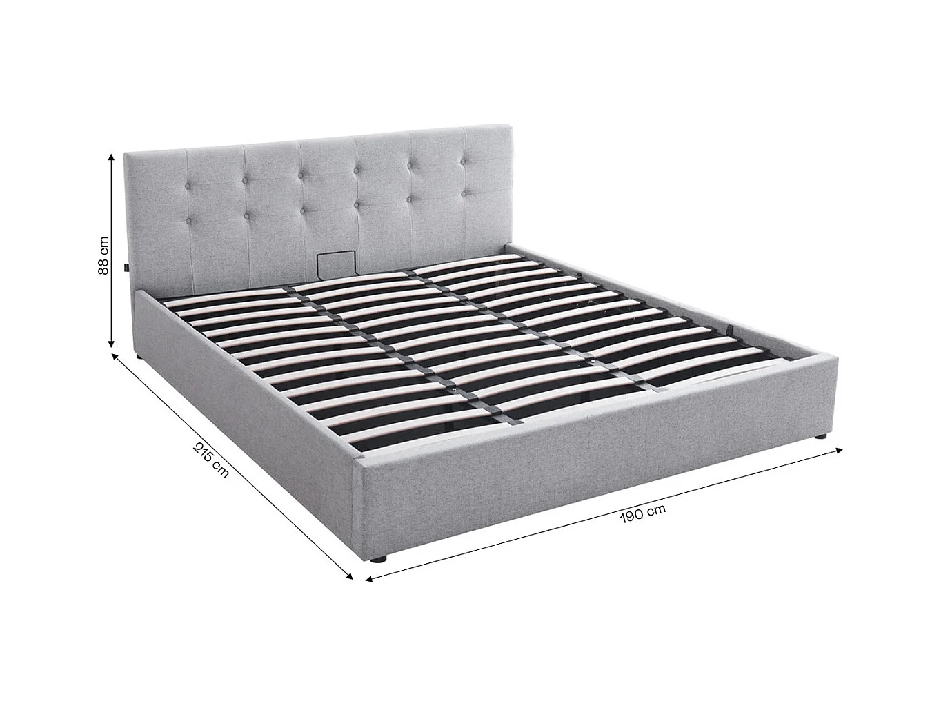 Lit coffre adulte 180x200 cm avec tête de lit matelassée en tissu gris et sommier - Tina