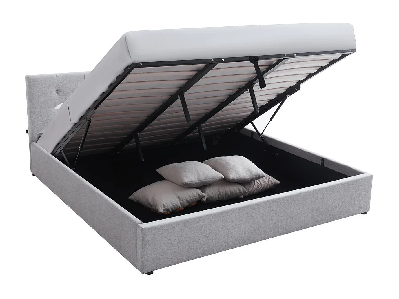 Lit coffre adulte 180x200 cm avec tête de lit matelassée en tissu gris et sommier - Tina