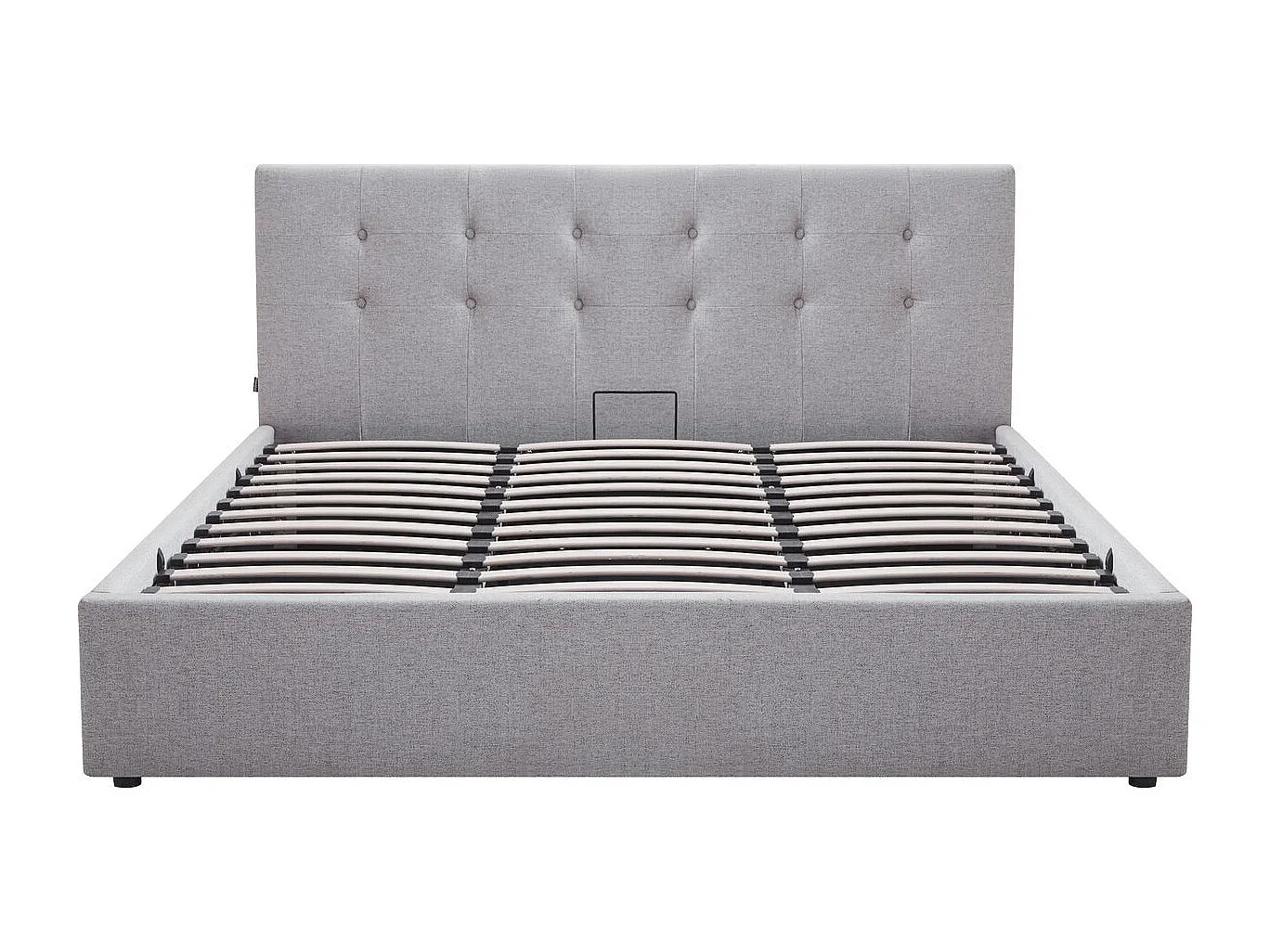 Lit coffre adulte 180x200 cm avec tête de lit matelassée en tissu gris et sommier - Tina