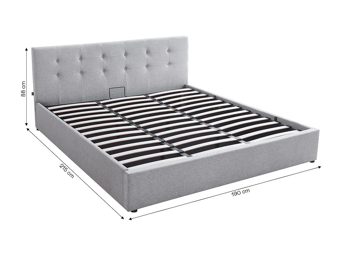 Lit coffre adulte 180x200 cm avec tête de lit matelassée en tissu gris et sommier - Tina