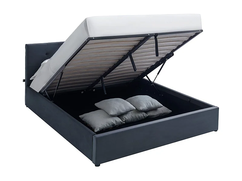Lit coffre adulte 140x190 cm avec tête de lit matelassée en velours gris foncé et sommier - Tina