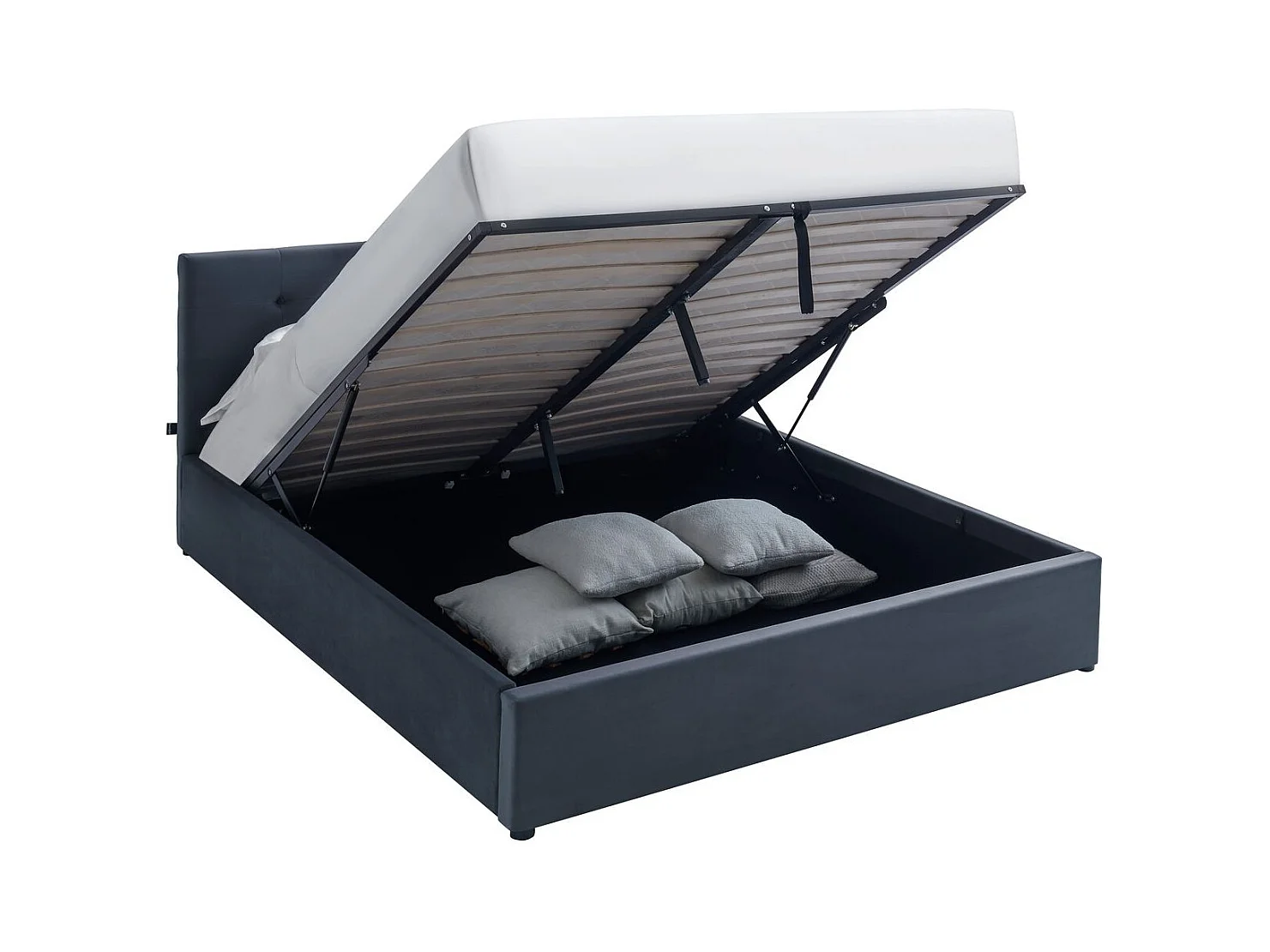 Lit coffre adulte 140x190 cm avec tête de lit matelassée en velours gris foncé et sommier - Tina