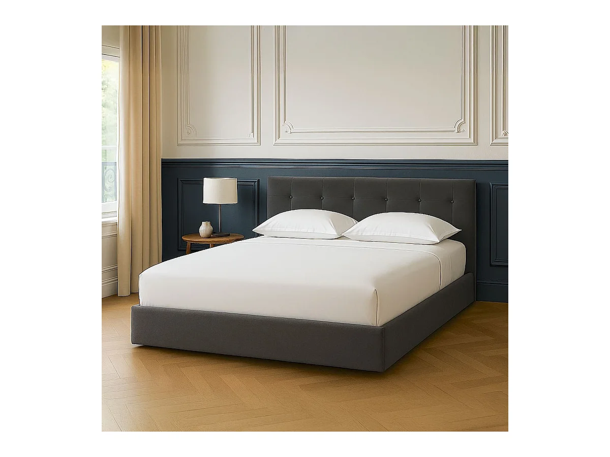 Lit coffre adulte 160x200 cm avec tête de lit matelassée en velours gris foncé et sommier - Tina