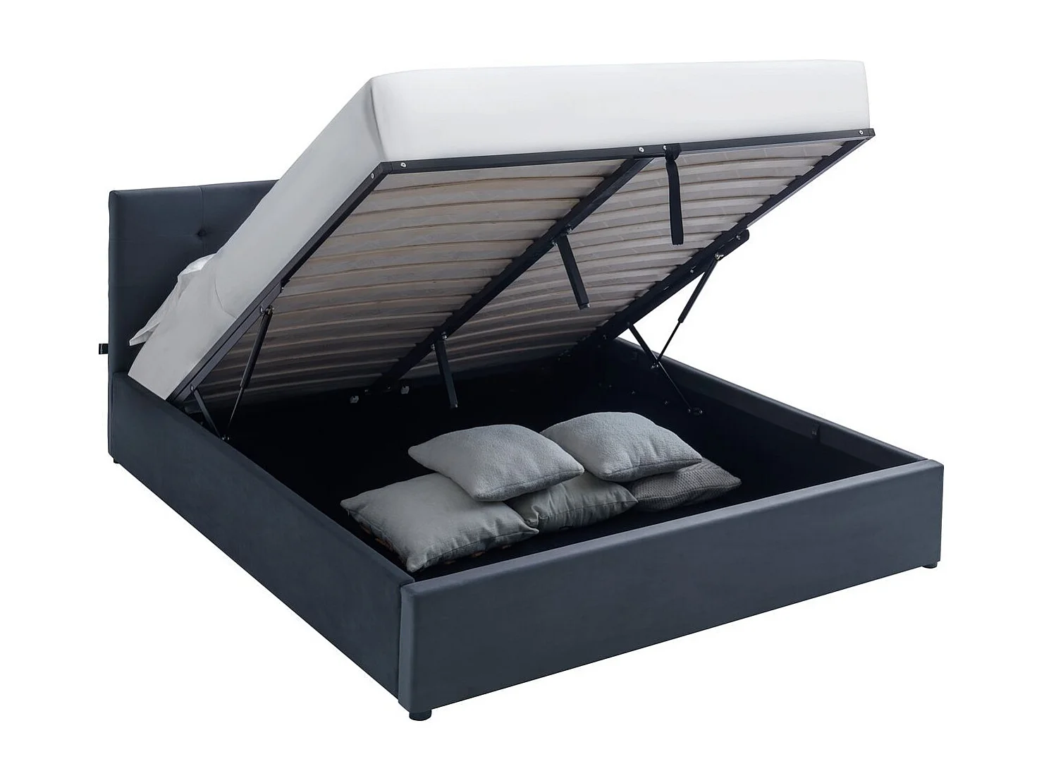 Lit coffre adulte 160x200 cm avec tête de lit matelassée en velours gris foncé et sommier - Tina