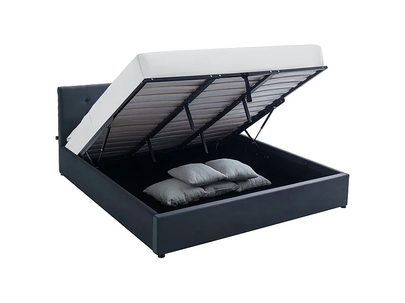 Lit coffre adulte 180x200 cm avec tête de lit matelassée en velours gris foncé et sommier - Tina