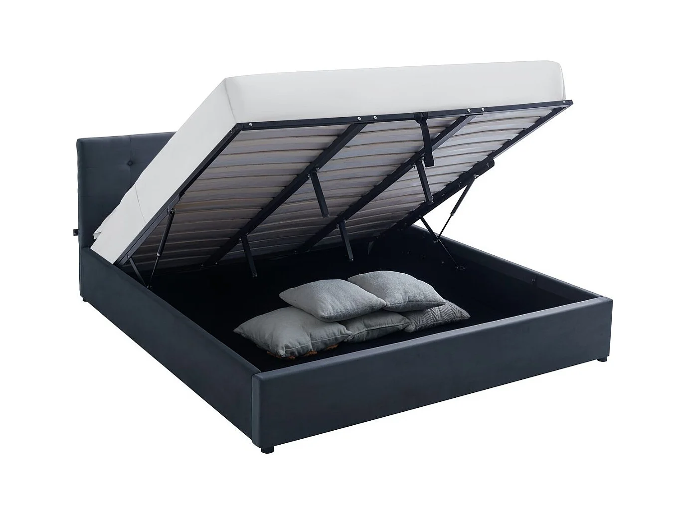 Lit coffre adulte 180x200 cm avec tête de lit matelassée en velours gris foncé et sommier - Tina