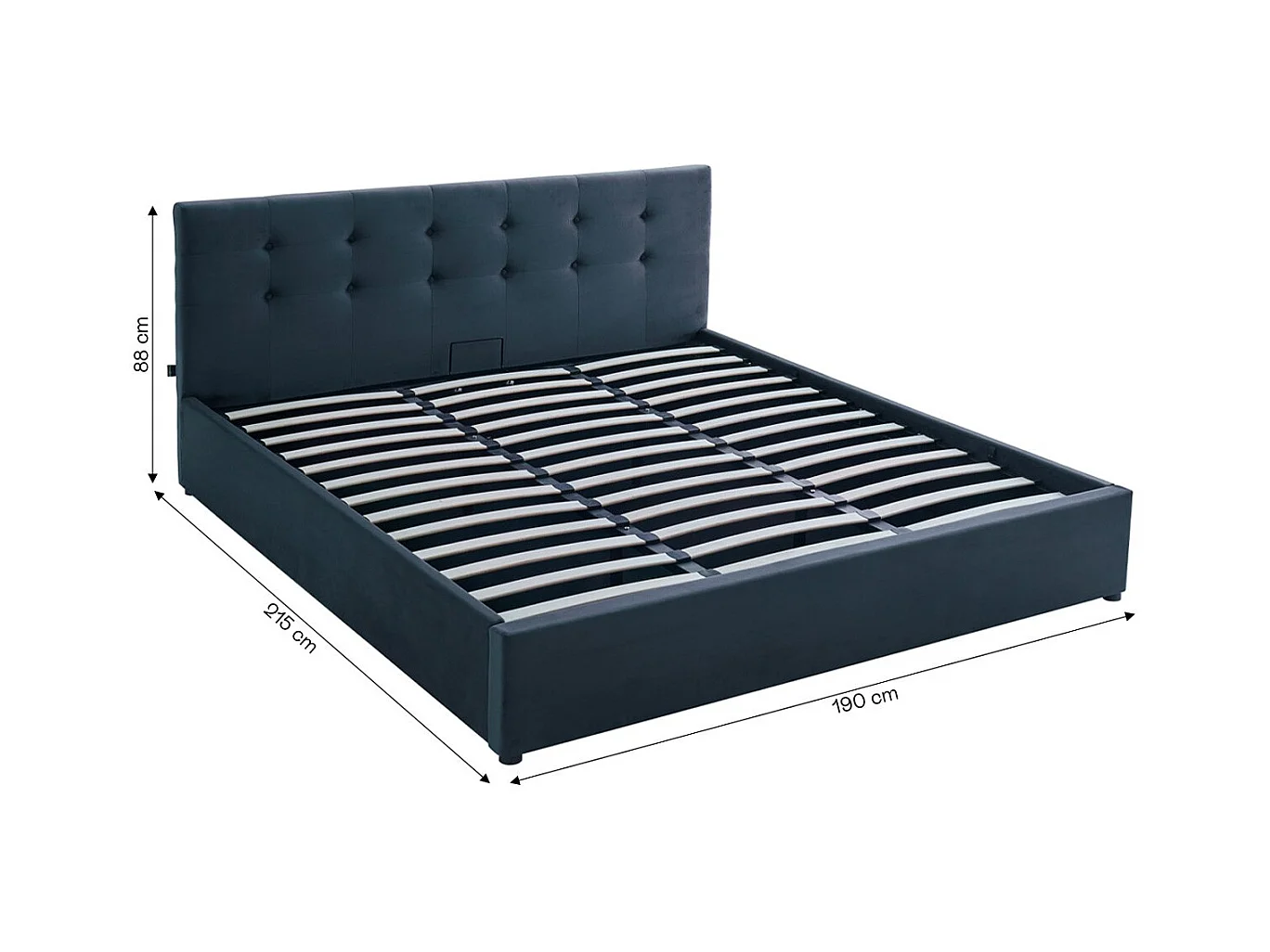 Lit coffre adulte 180x200 cm avec tête de lit matelassée en velours gris foncé et sommier - Tina